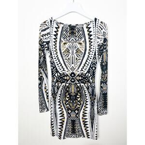Moda International Black Gold White Geometric Print Bodycon Dress Size XS